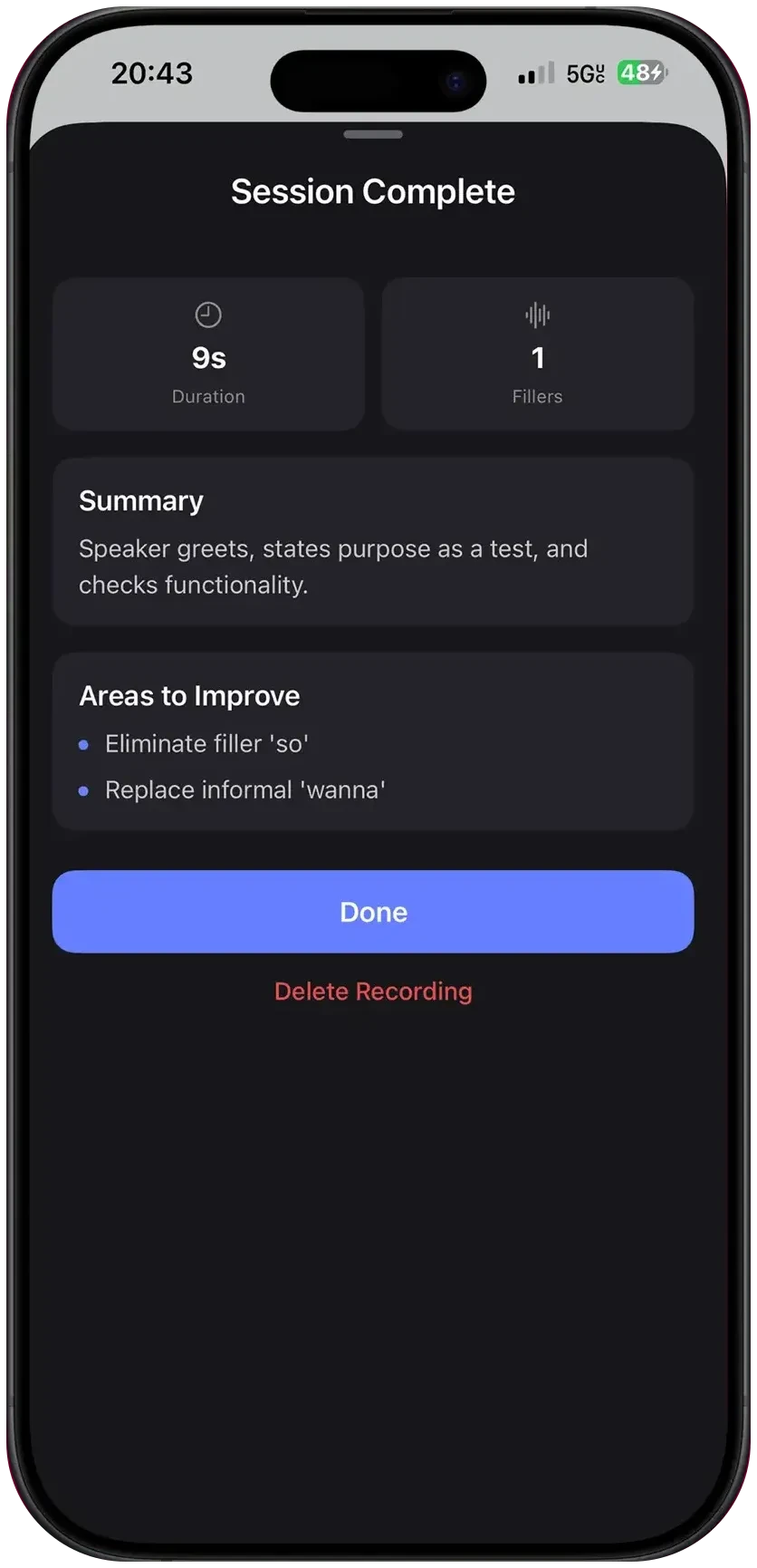 Articulate AI session summary with areas to improve